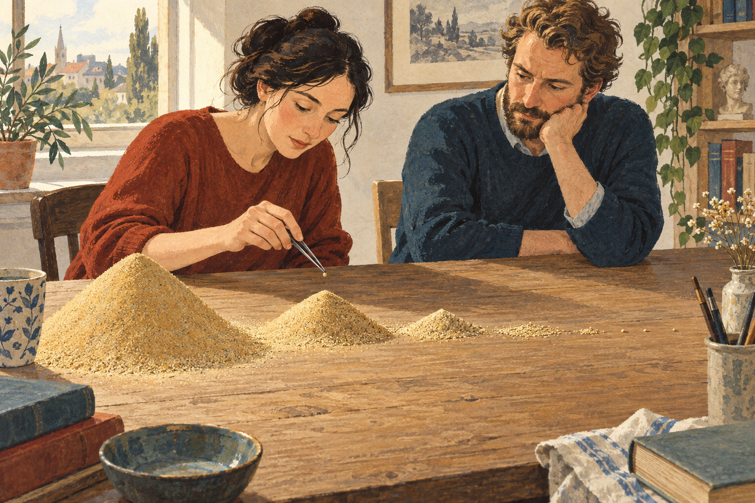 Two people examine progressively smaller heaps of sand on a wooden table. One person removes a grain with tweezers.