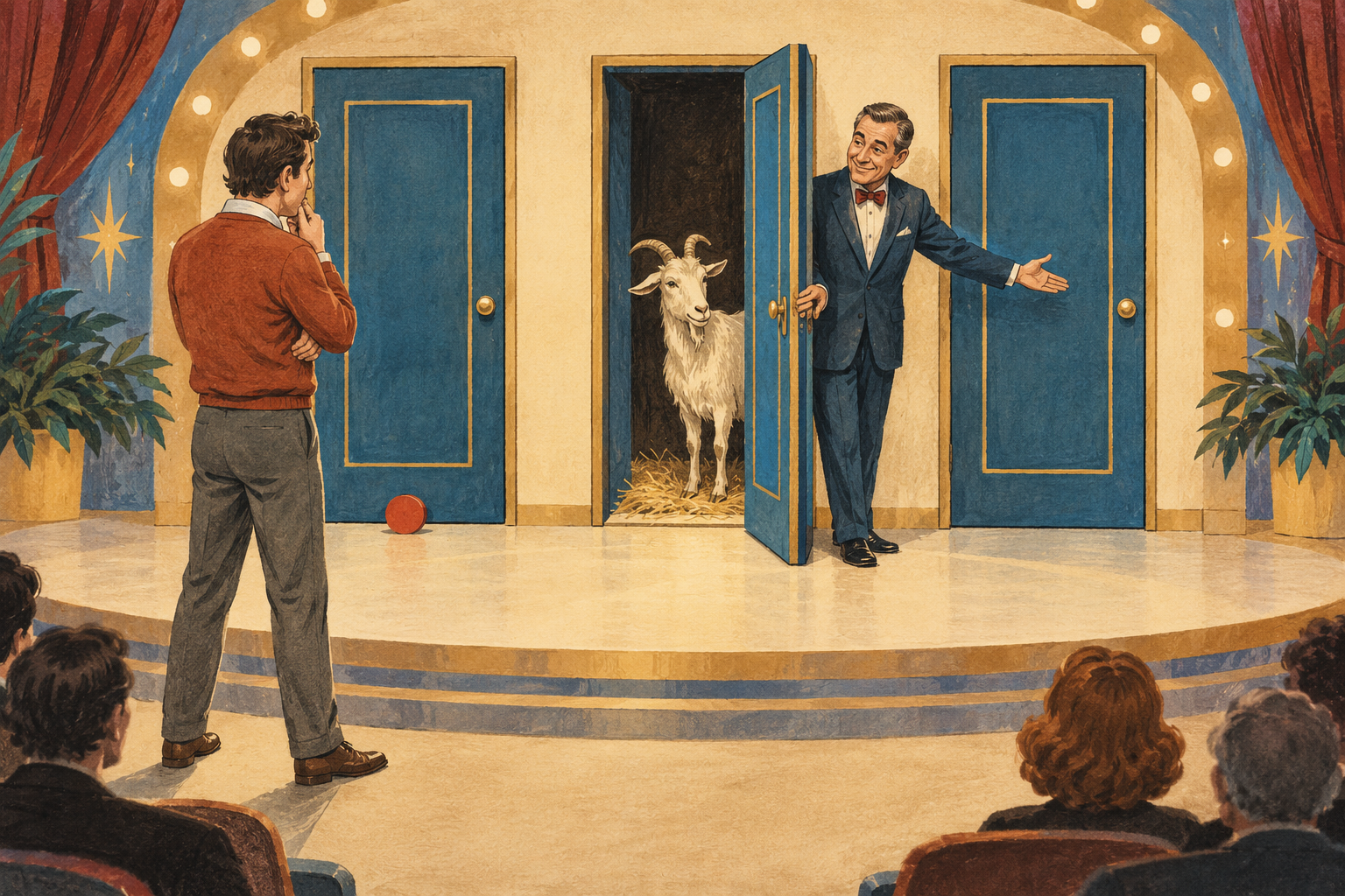 A game-show stage has three doors. The middle door is open, revealing a goat. The host offers the other closed door; the original choice is marked on the left.