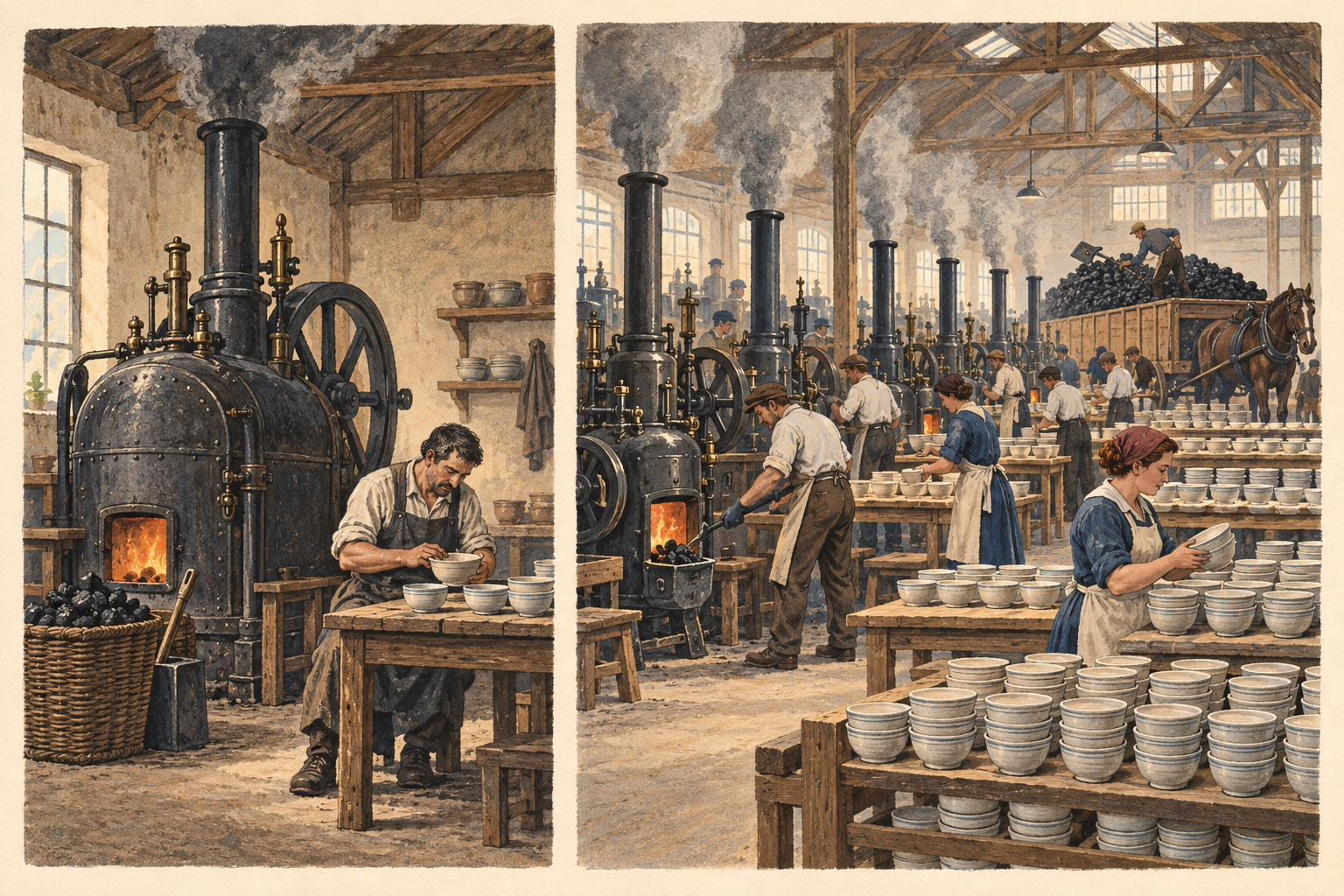 A small workshop with one steam engine is contrasted with a larger workshop with many engines, more bowls and a large delivery of coal.